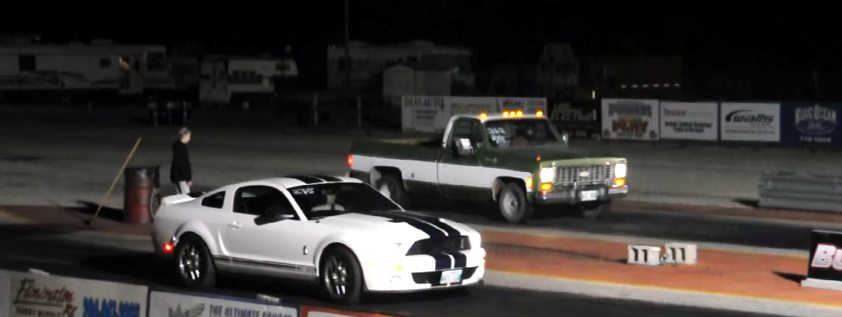 74 Chevy Pickup goes heads up with a 08 GT 500.