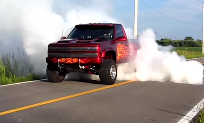 Flame-spitting dragon truck does burnouts